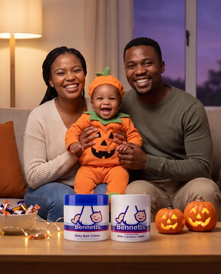 A family on the sofa with their baby, with Bennetts Bum Crème and Aqueous Cream on the coffee table