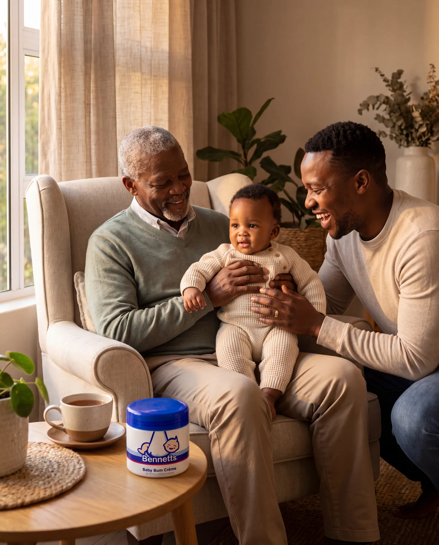 A grandfather with his baby grandson on his lap in an armchair, the baby’s father laughing beside them, with Bennetts Baby Bum Crème on the side table
