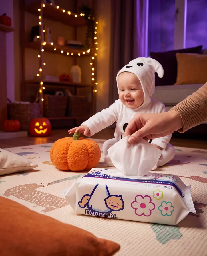 A parent pulling a Bennetts Baby Wipe from the pack while a laughing baby in a ghost costume reaches for a plush pumpkin