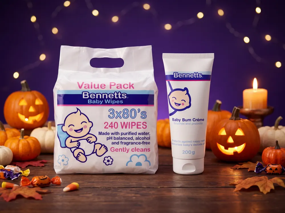 A Bennetts Baby Wipes value pack of three and a 200g tube of Baby Bum Crème with jack-o’-lanterns and a candle