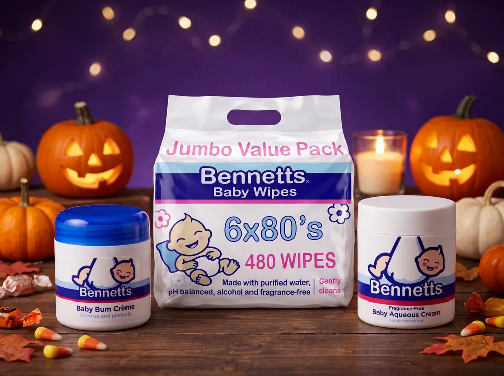 Bennetts Baby Bum Crème, a jumbo pack of Baby Wipes and Aqueous Cream with pumpkins