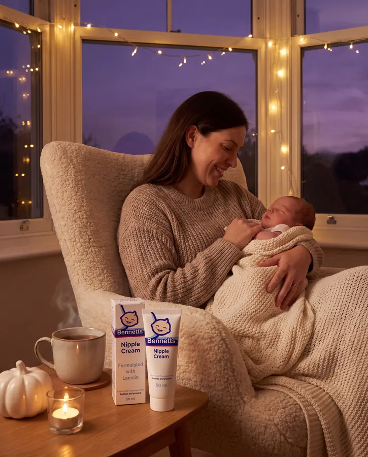 A mom cradling her newborn in an armchair by a window with fairy lights, with Bennetts Nipple Cream and a cup of tea on the side table