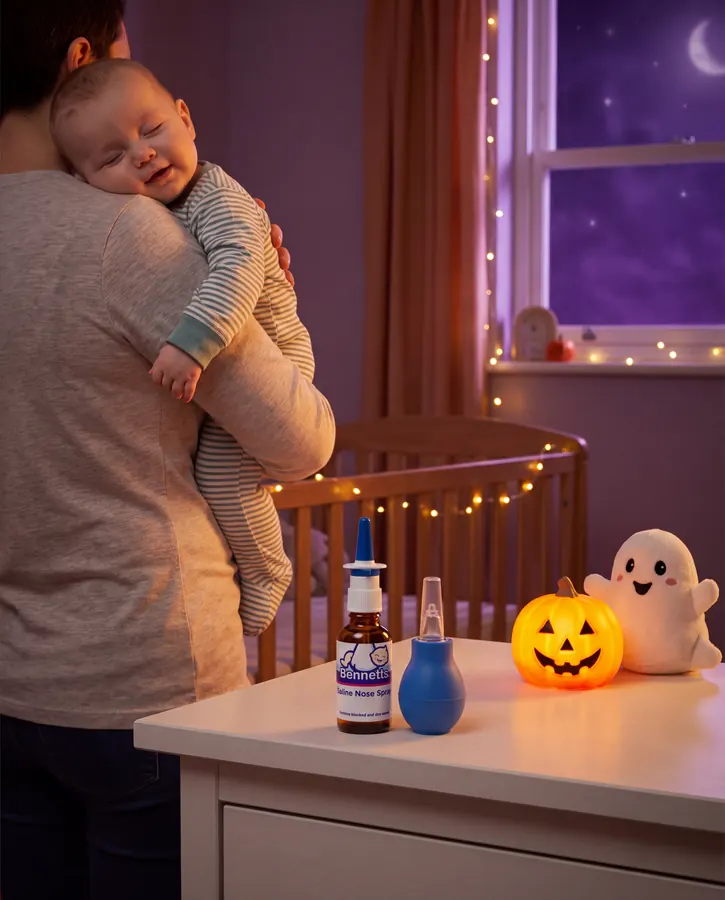 A parent holding a sleeping baby by the cot, with Bennetts Saline Nose Spray and an aspirator on the dresser beside a pumpkin lamp